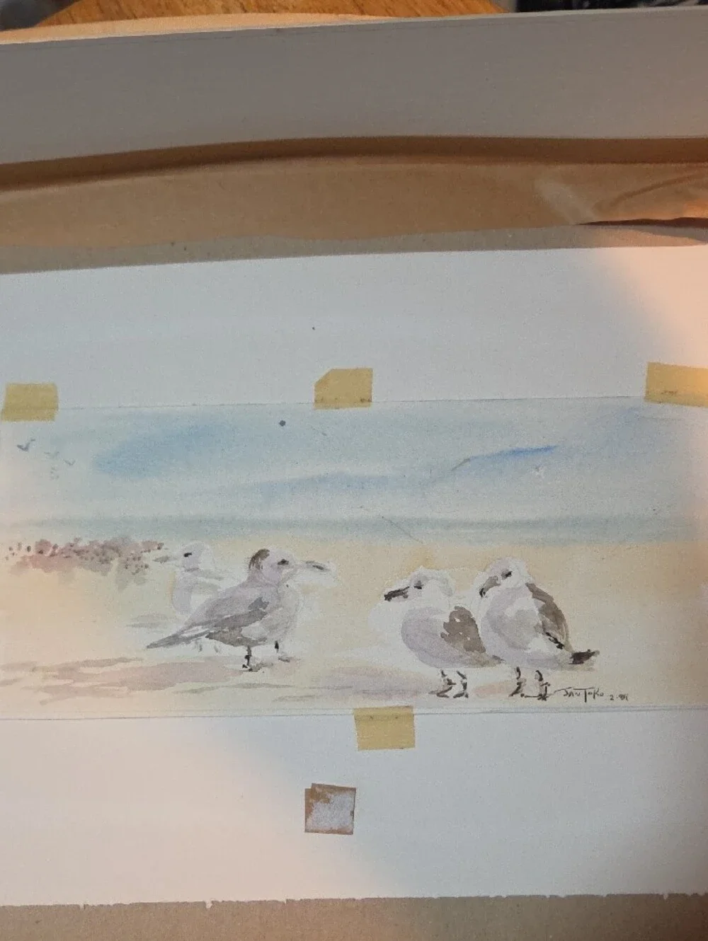 Jan Toko Seagull Beach Watercolor Print in Soft Neutrals